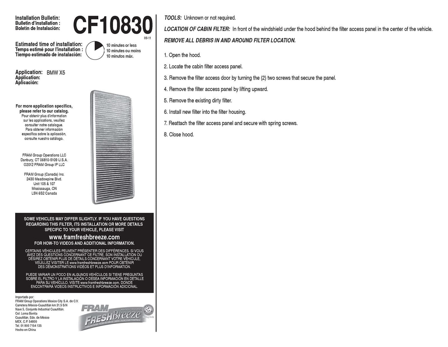 Filtro de aire de cabina Fram CF10830