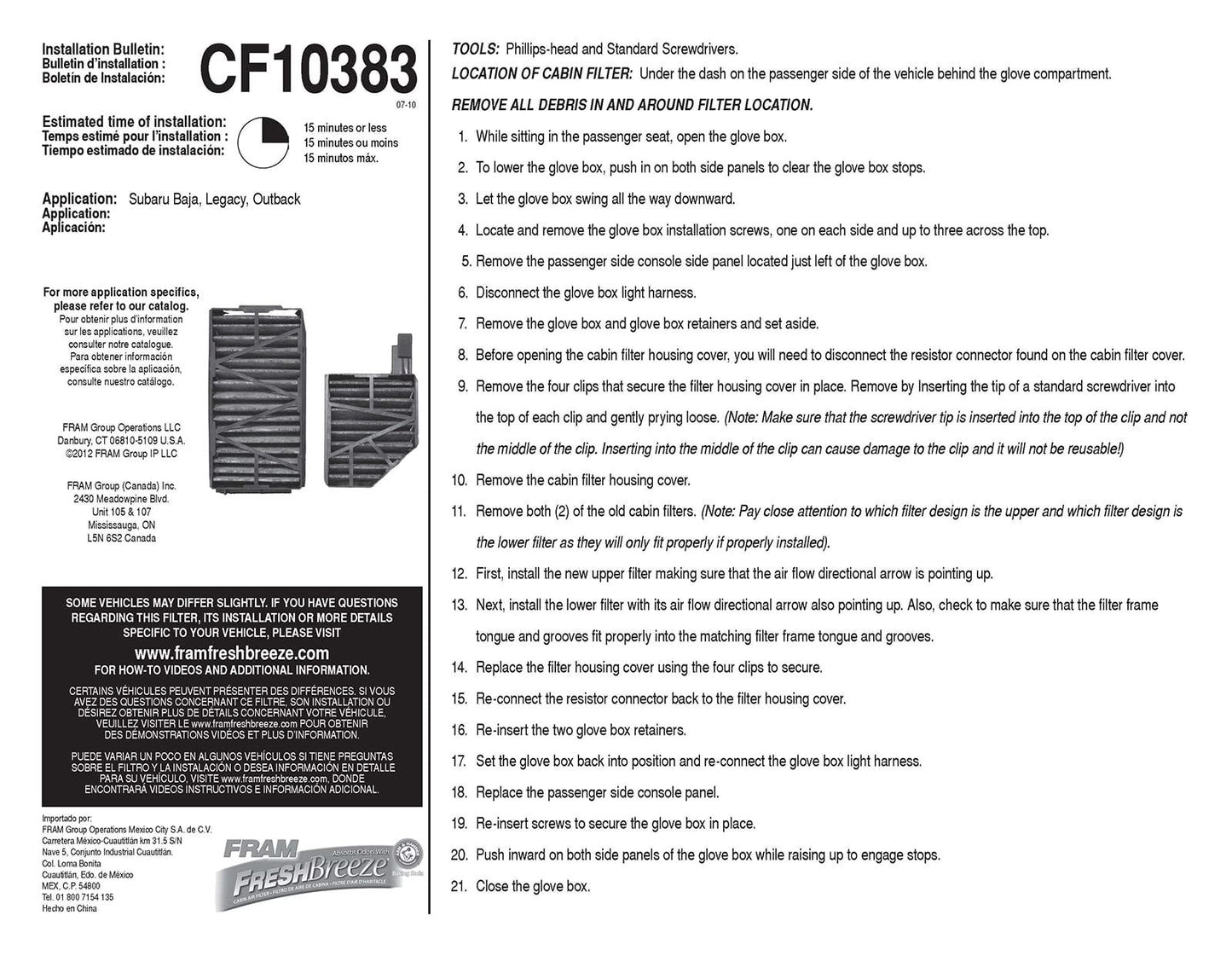 Fram CF10383 Cabin Air Filter