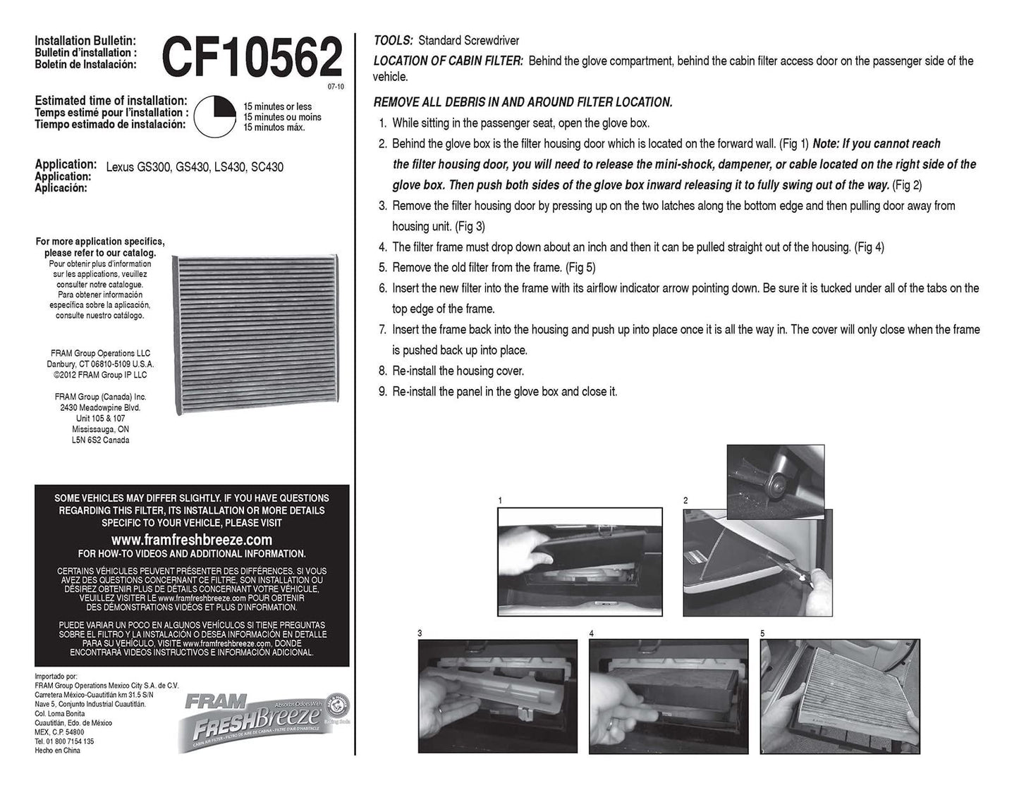 Fram CF10562 Cabin Air Filter