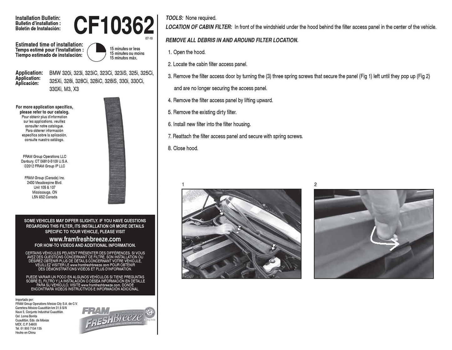 Filtro de aire de cabina Fram CF10362