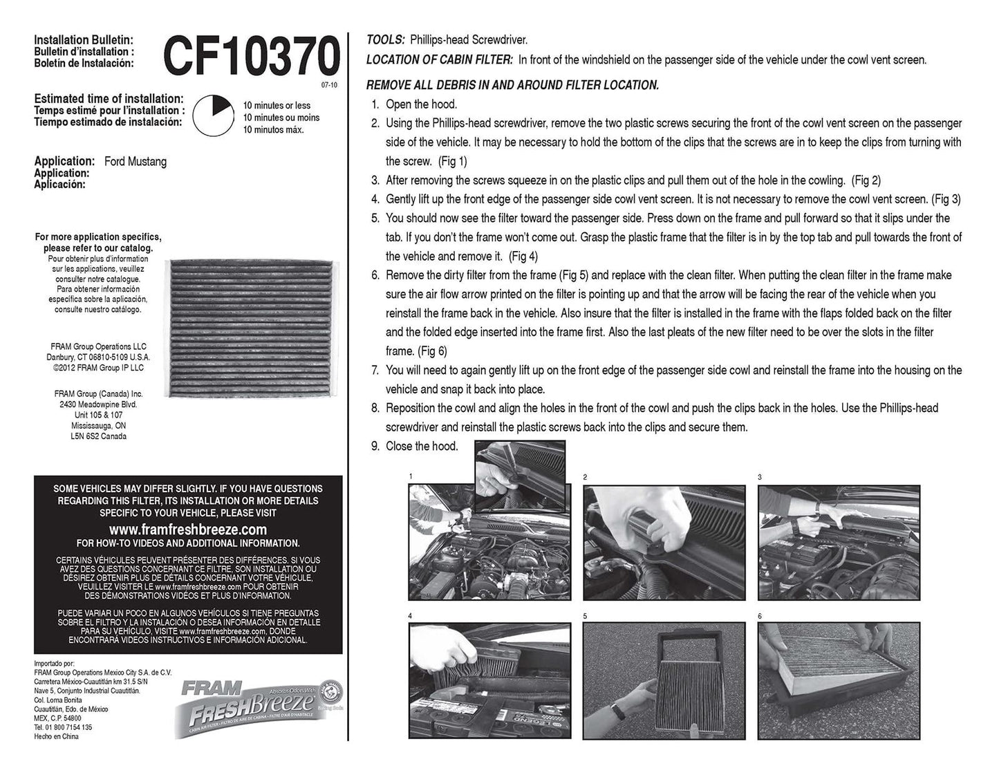 Filtre à air d'habitacle Fram CF10370