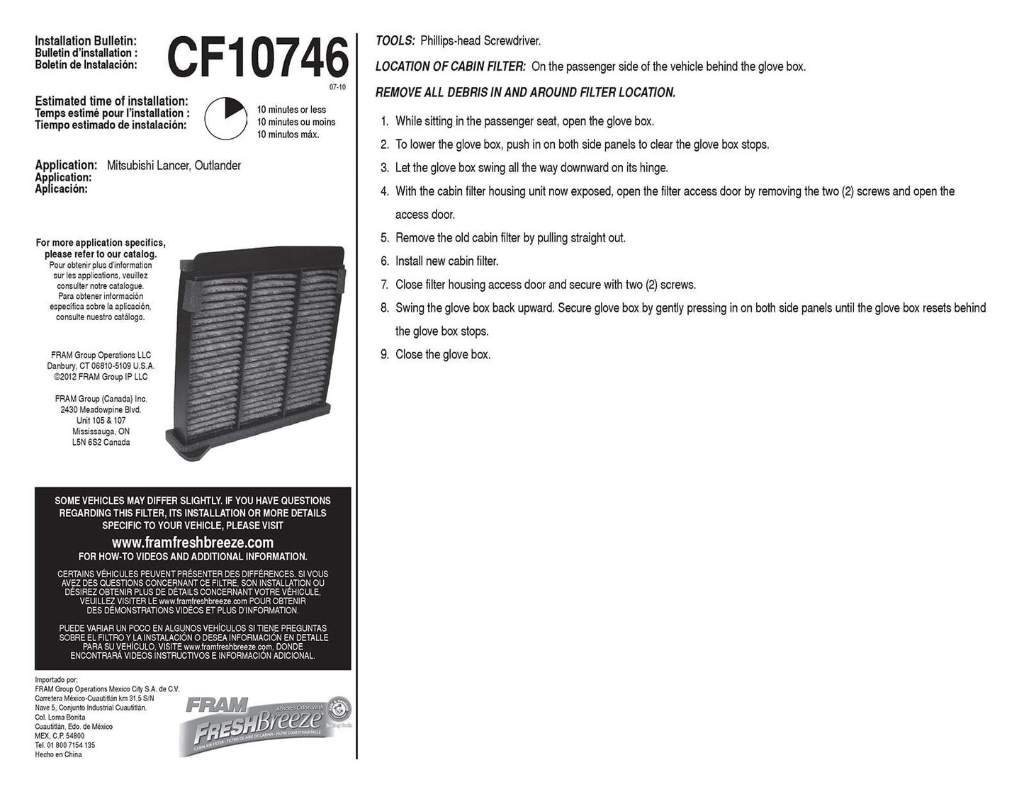 Filtro de aire de cabina Fram CF10746