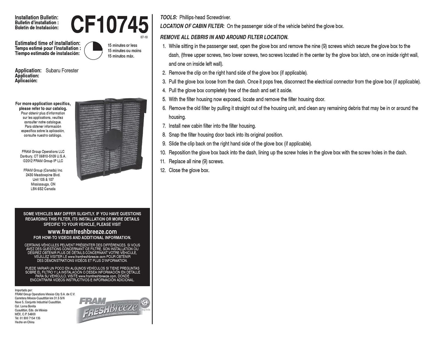 Filtre à air d'habitacle Fram CF10745