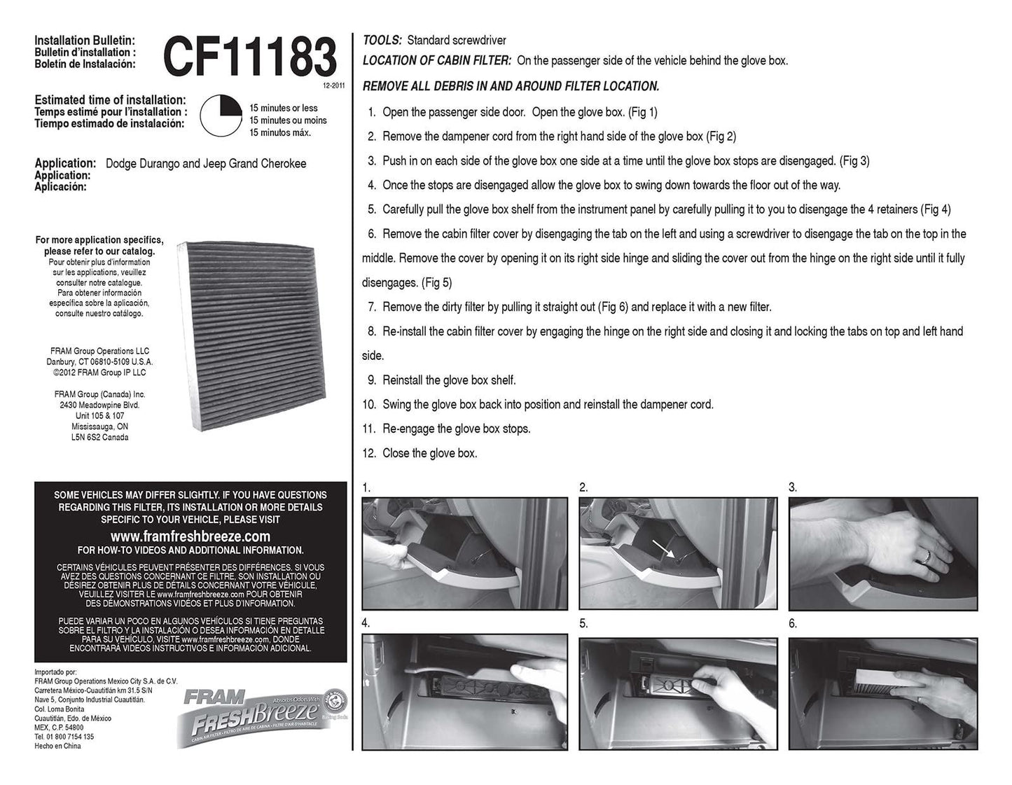 Filtre à air d'habitacle Fram CF11183