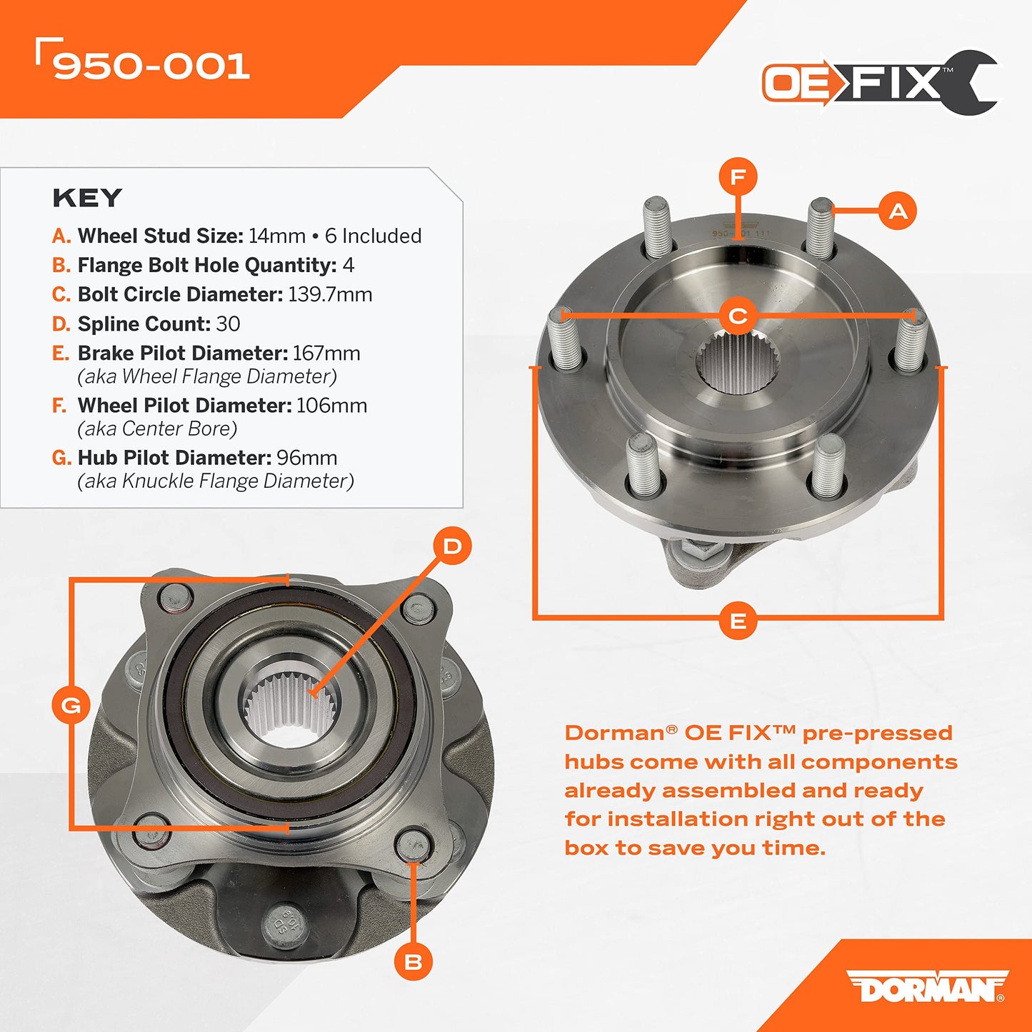 Dorman 950-001 Wheel Bearing and Hub Assembly
