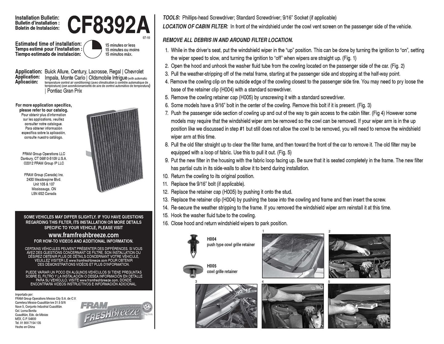 Filtre à air d'habitacle Fram CF8392A