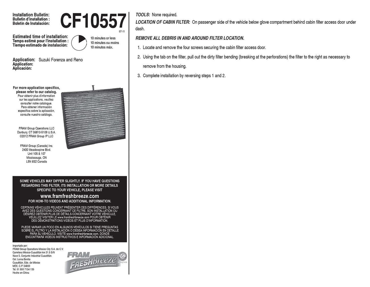 Fram CF10557 Filtro de aire de cabina