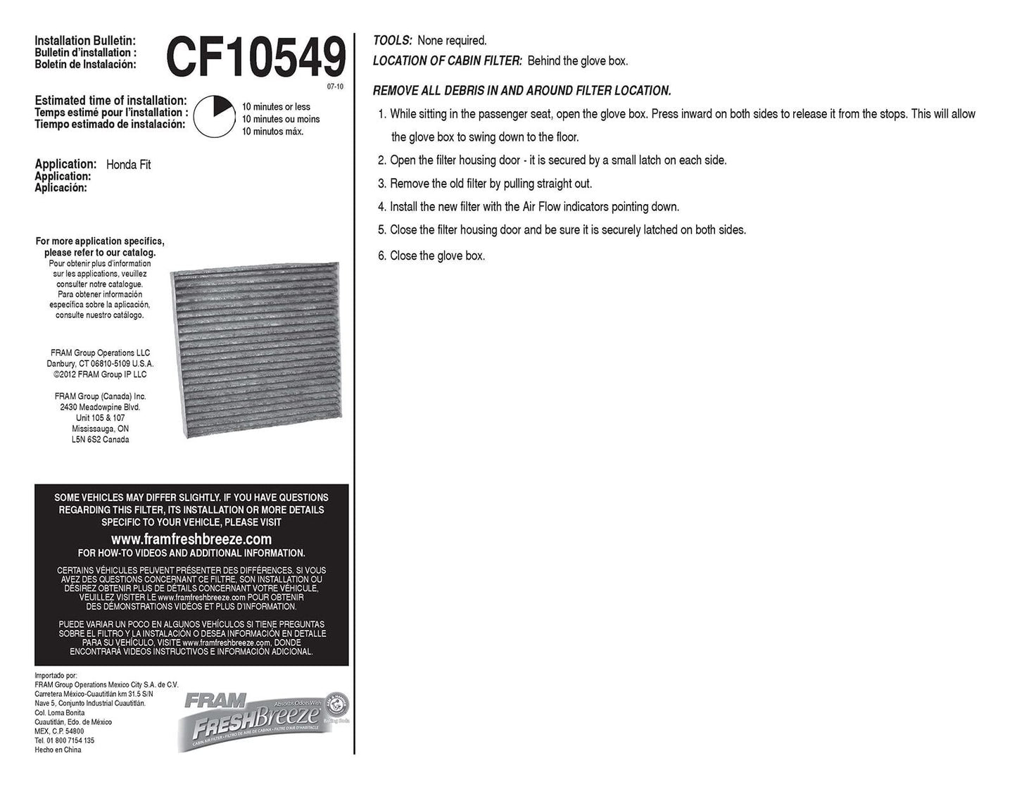 Fram CF10549 Filtro de aire de cabina